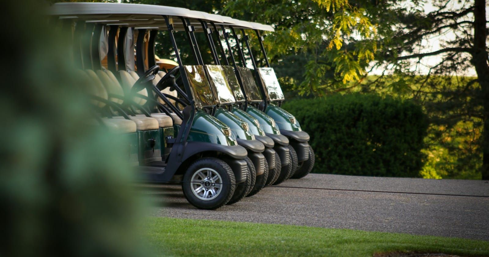 Golf carts lined up and ready for a tournament